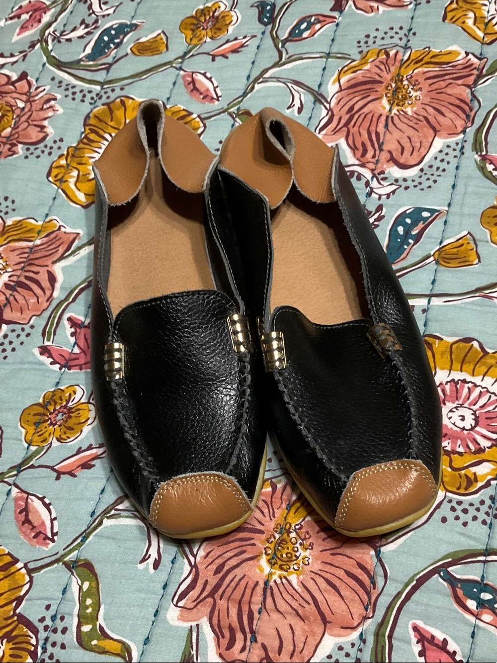 Black and Tan Leather Slip-On Loafers - Women